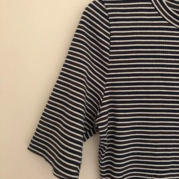 Navy & Brown Stripe ribbed tee with elbow length sleeve - Picture 3 of 3